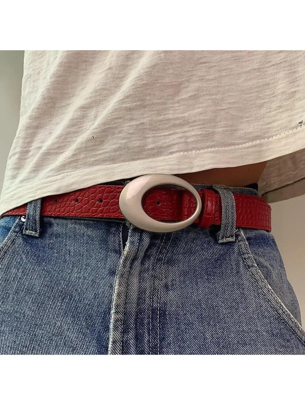 Y2k 2000s style Silver opal belt buckle with Red crocodile style leather. 39 inc